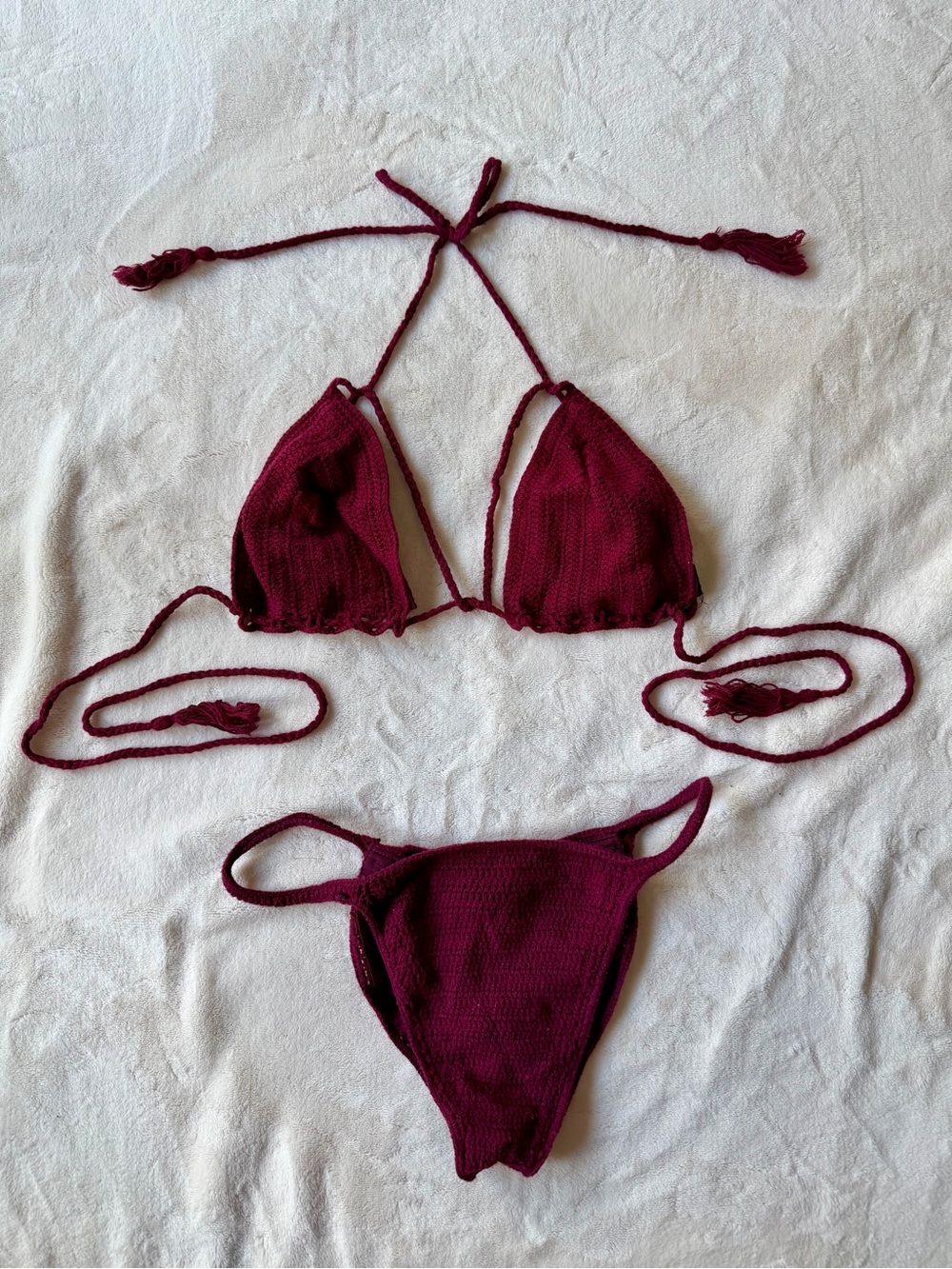 Doll & Co Burgundy Crochet Triangle Halter Top M + Micro Bottom L